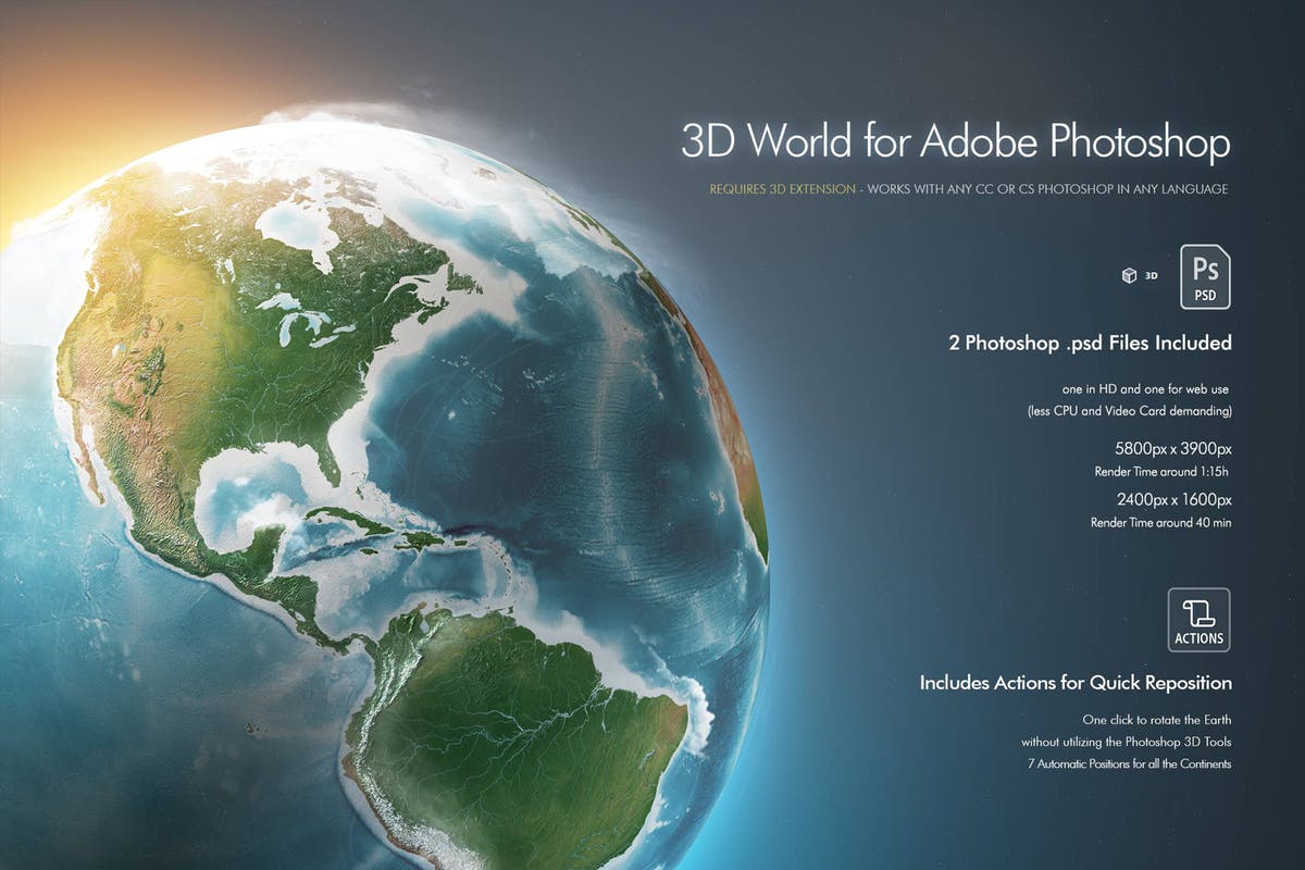 3d逼真高清地球psd模板 photoshop 3d world – earth